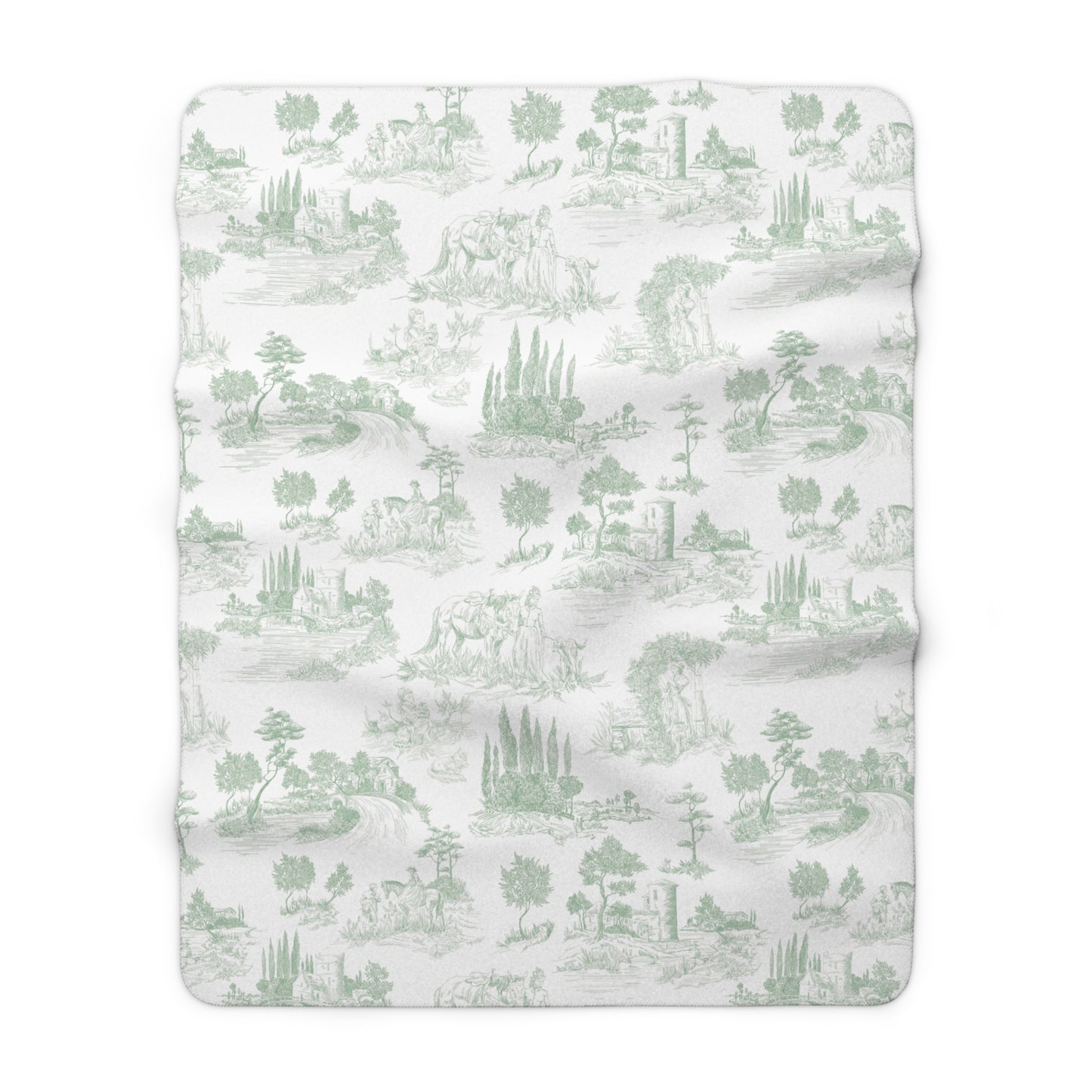 Toile de Jouy Sage Green Fleece Lined Blanket