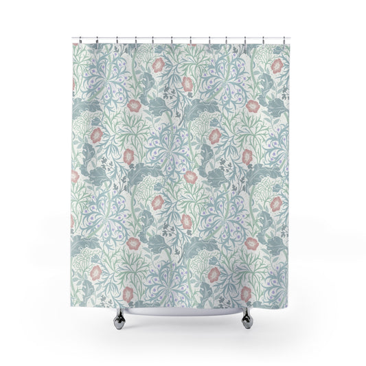 William Morris Shower Curtain Seaweed Light Duck Egg Blue Mint Peach