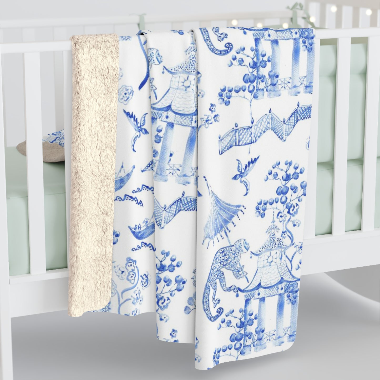Toile de Jouy Blue Monkey Fleece Lined Blanket