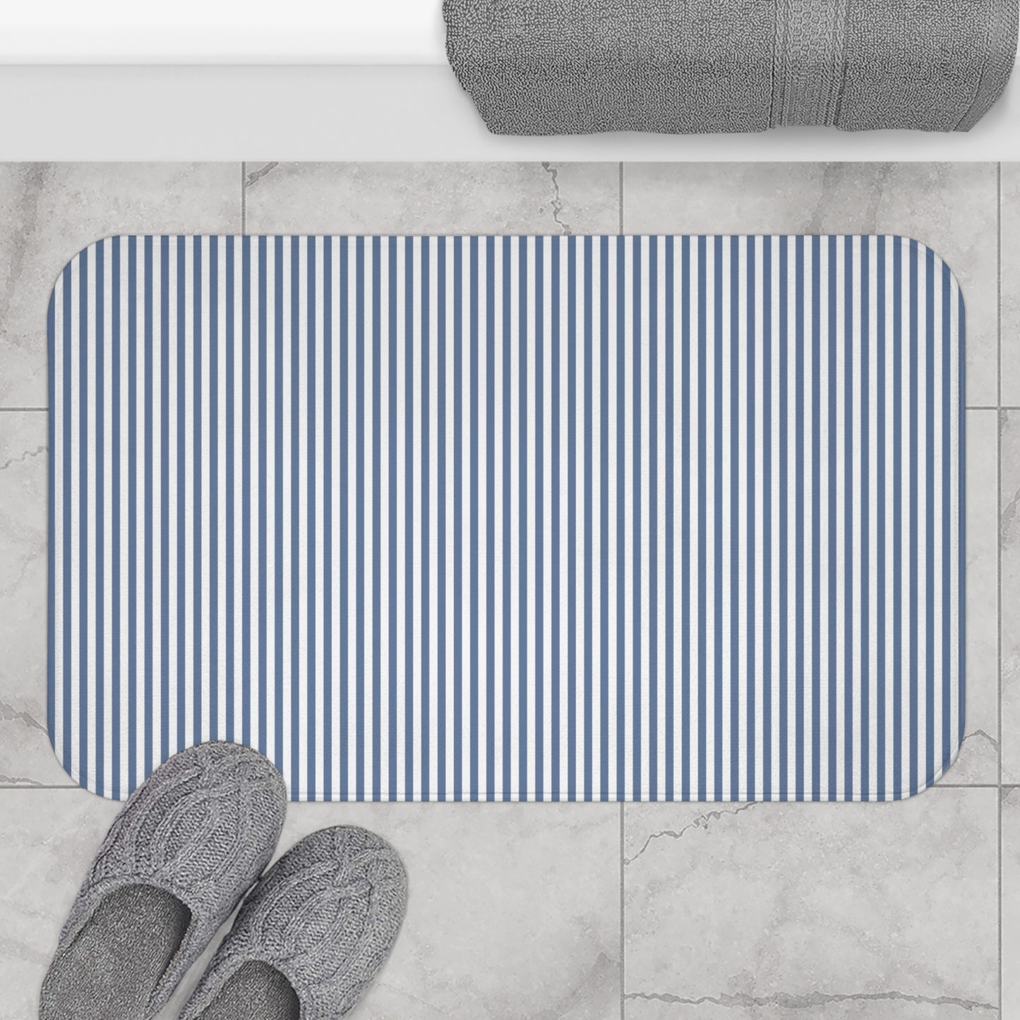 Seersucker Stripe Bath Mat Chambray Blue & White
