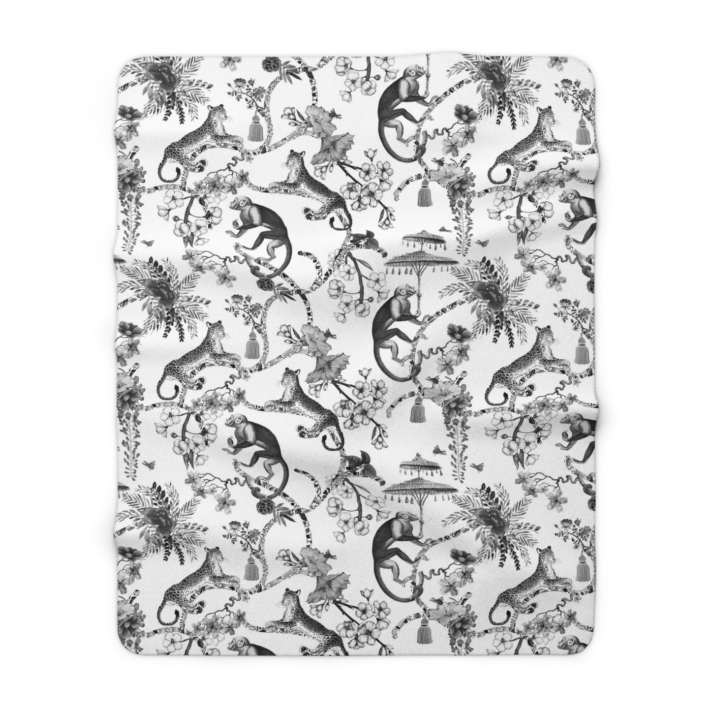 Toile de Jouy Black Monkey Jungle Fleece Lined Blanket