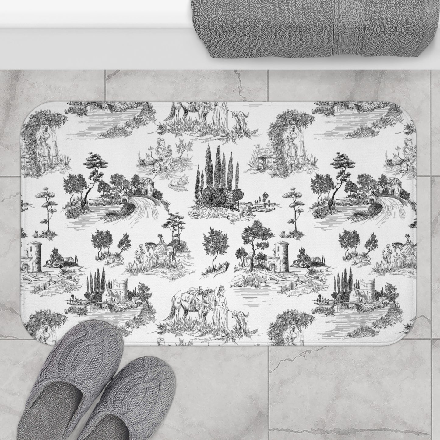 Vintage Toile de Jouy Bath Mat Black & White