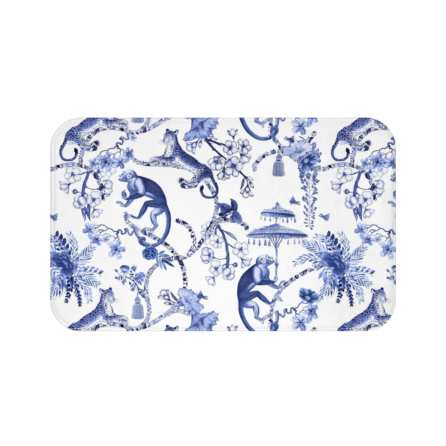 Toile de Jouy Bath Mat Blue Monkey Umbrella Jungle