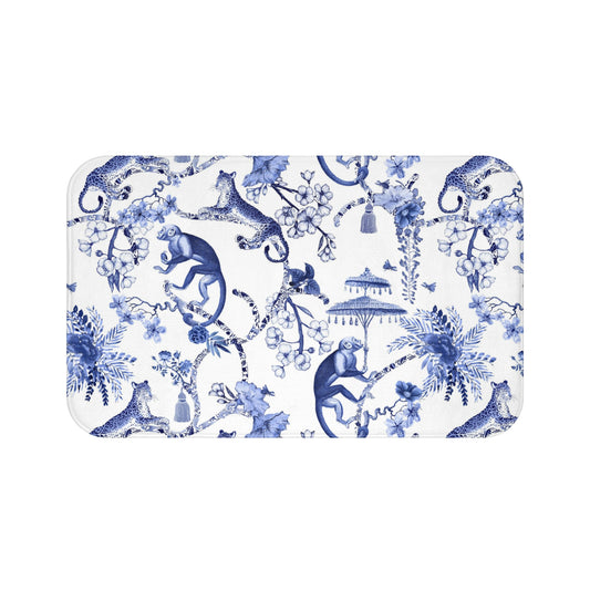 Toile de Jouy Bath Mat Blue Monkey Umbrella Jungle