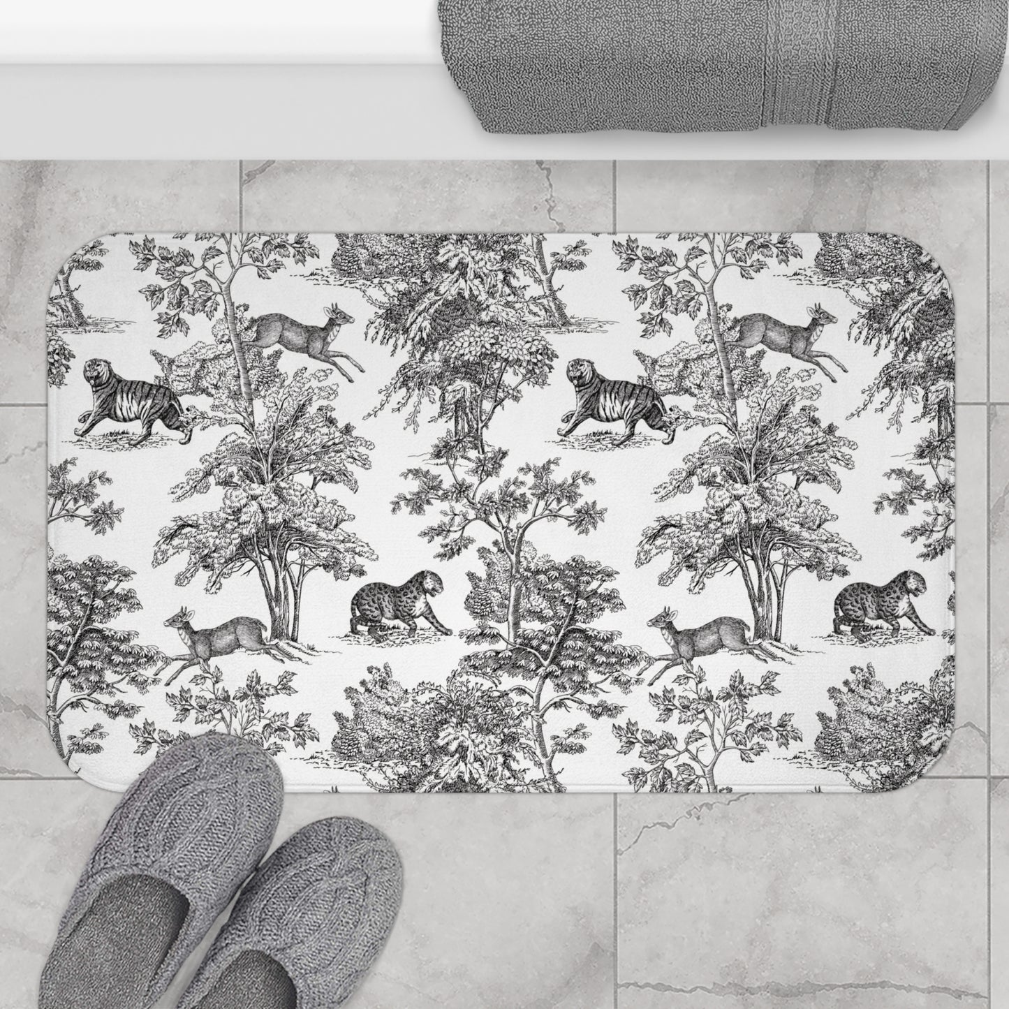 Chinoiserie Bath Mat Exotic Tiger Jungle Black
