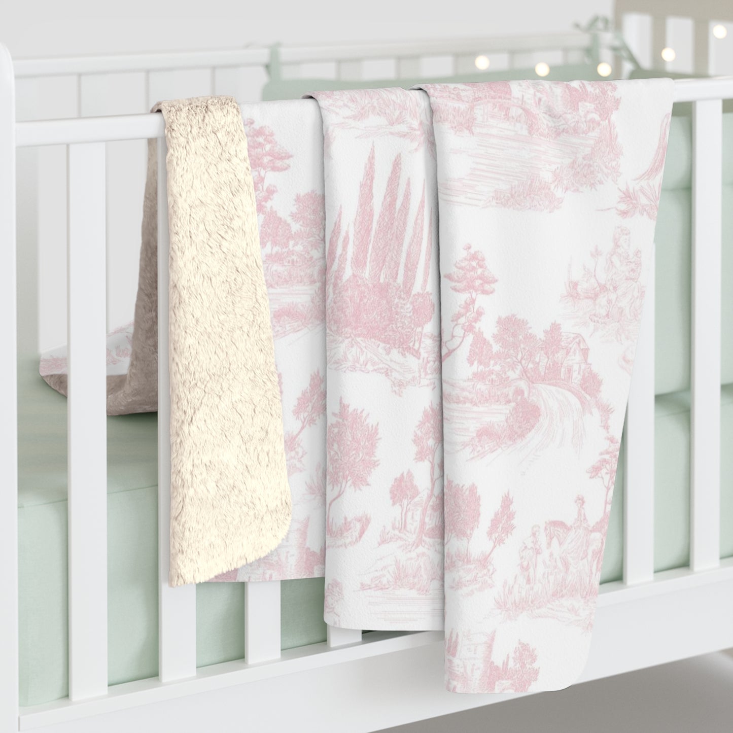 Light Pink Toile de Jouy Fleece Lined Blanket