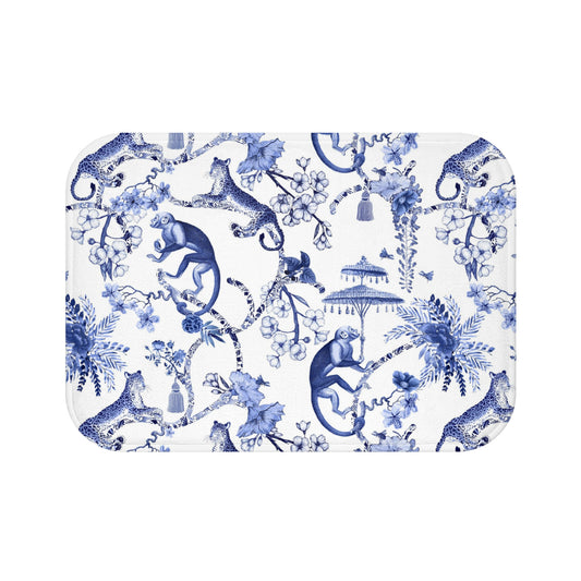 Toile de Jouy Bath Mat Blue Monkey Umbrella Jungle