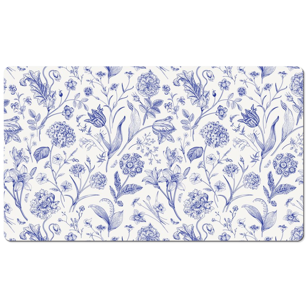 Meadow Tulips Desk Mat Blue Toile de Jouy Floral