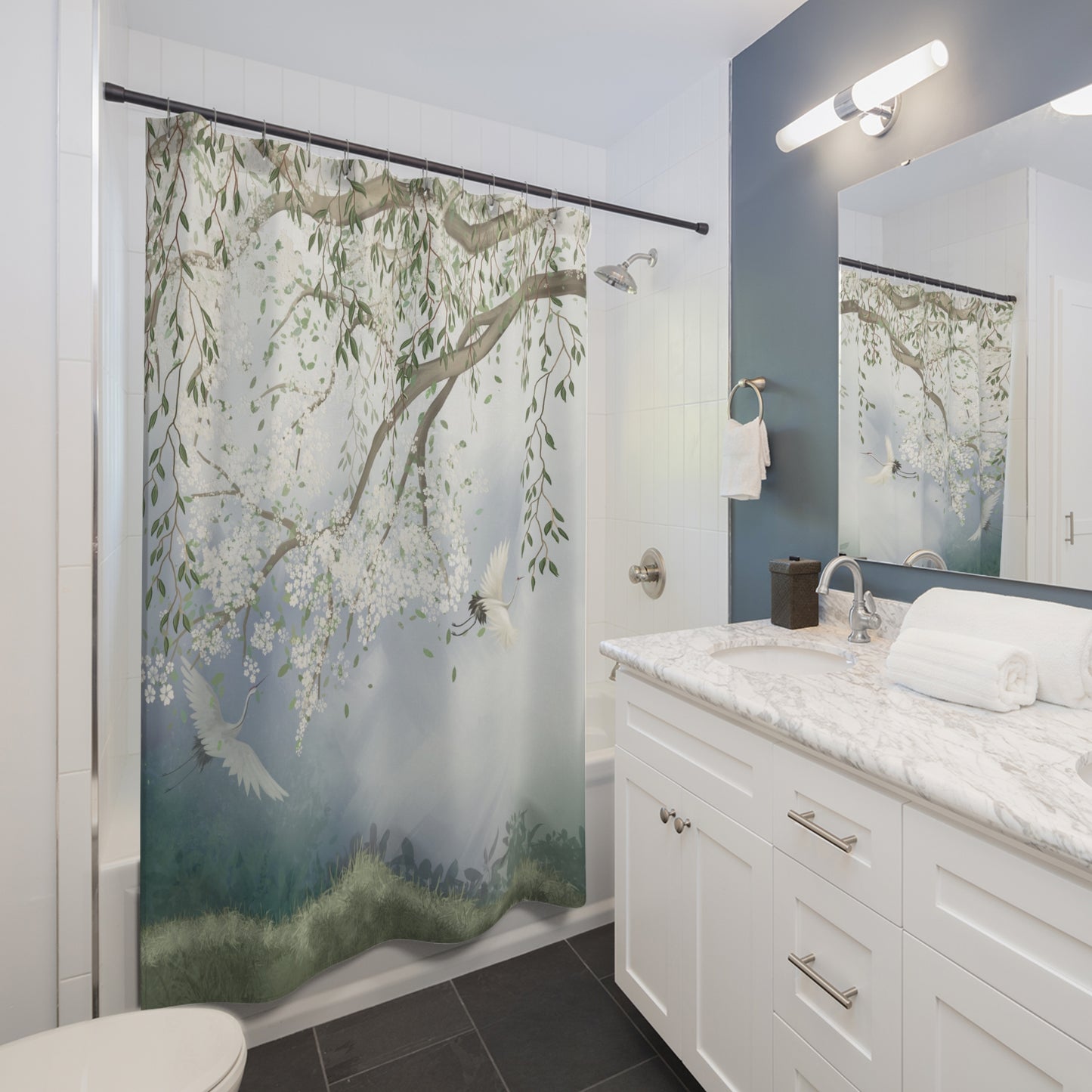 Chinoiserie Shower Curtain Misty Cherry Blossom