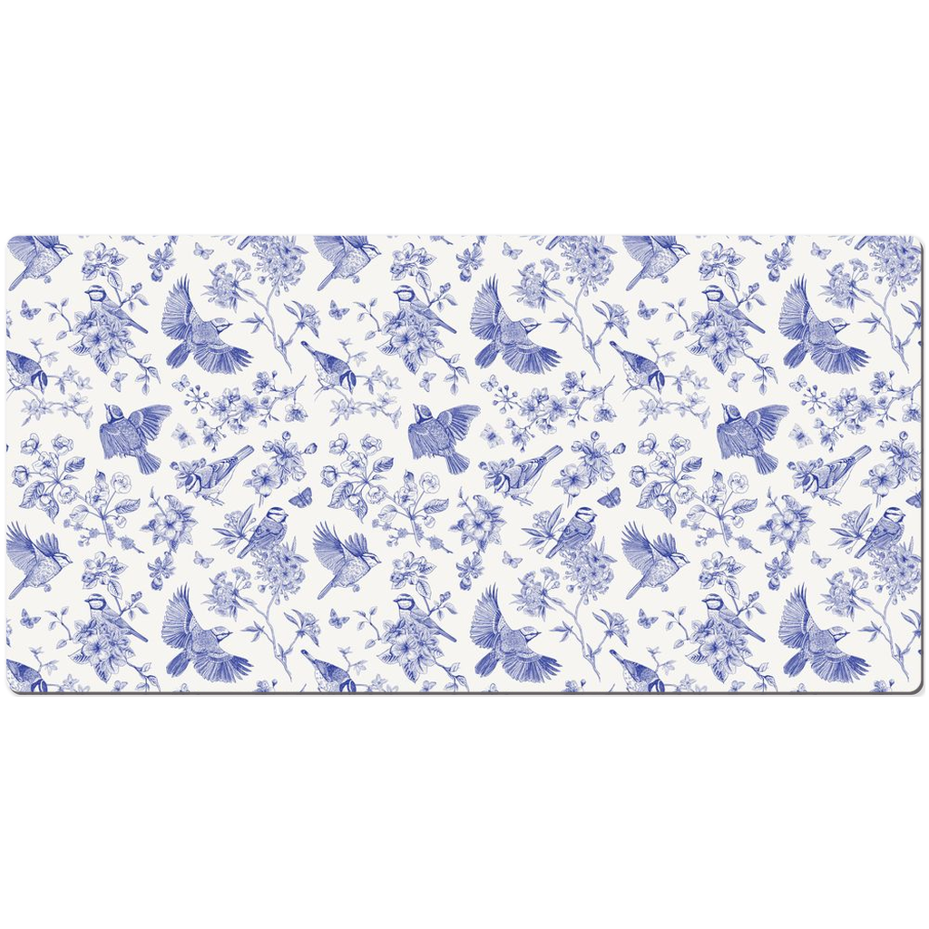 Blue Tit Garden Desk Mat Blue Toile de Jouy Floral