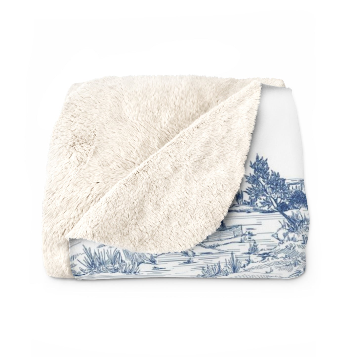 Navy Blue Toile de Jouy Fleece Lined Blanket