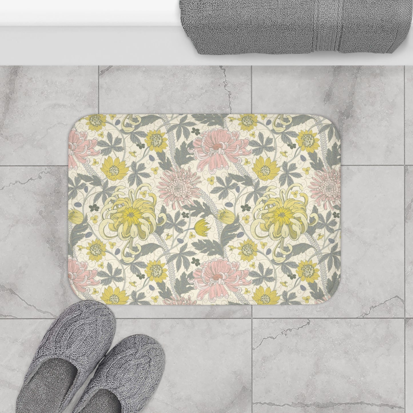 William Morris Bath Mat Lemon Pink Floral