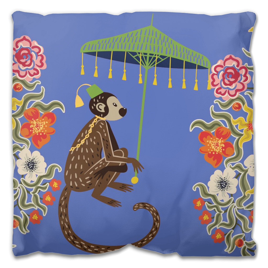 Kuta Outdoor Pillows Chinoiserie Indigo Chinese Monkey