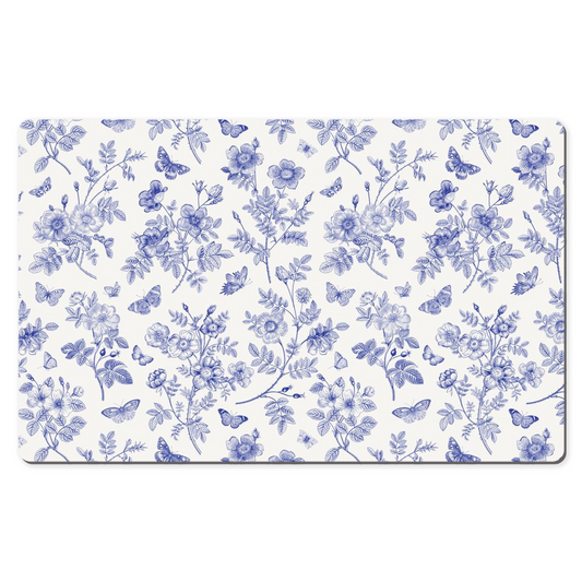 Butterfly Garden Desk Mat Blue Toile de Jouy Floral