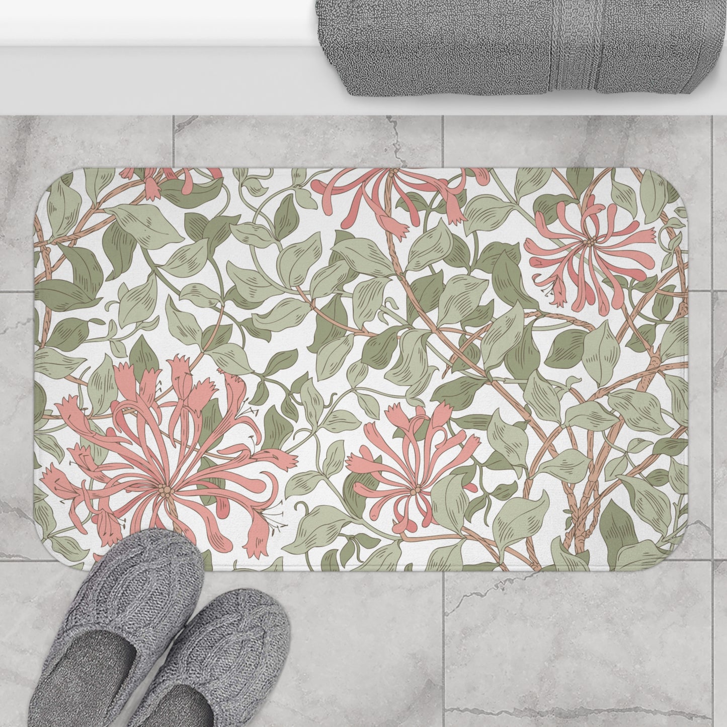 William Morris Bath Mat Honeysuckle Soft Pink & Green