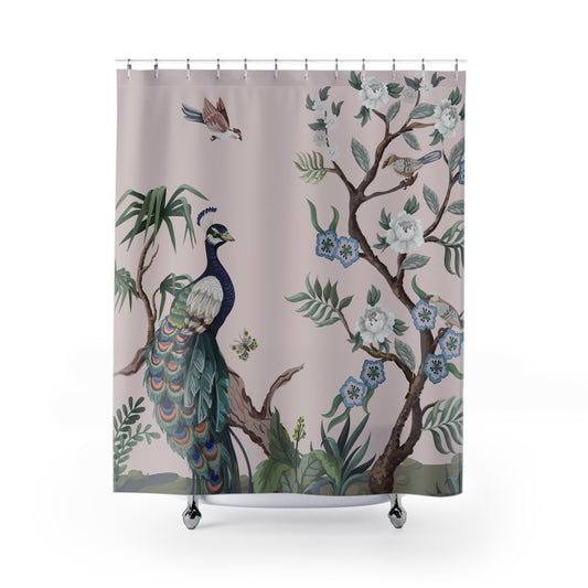 Chinoiserie Blush Pink Peacock Shower Curtain