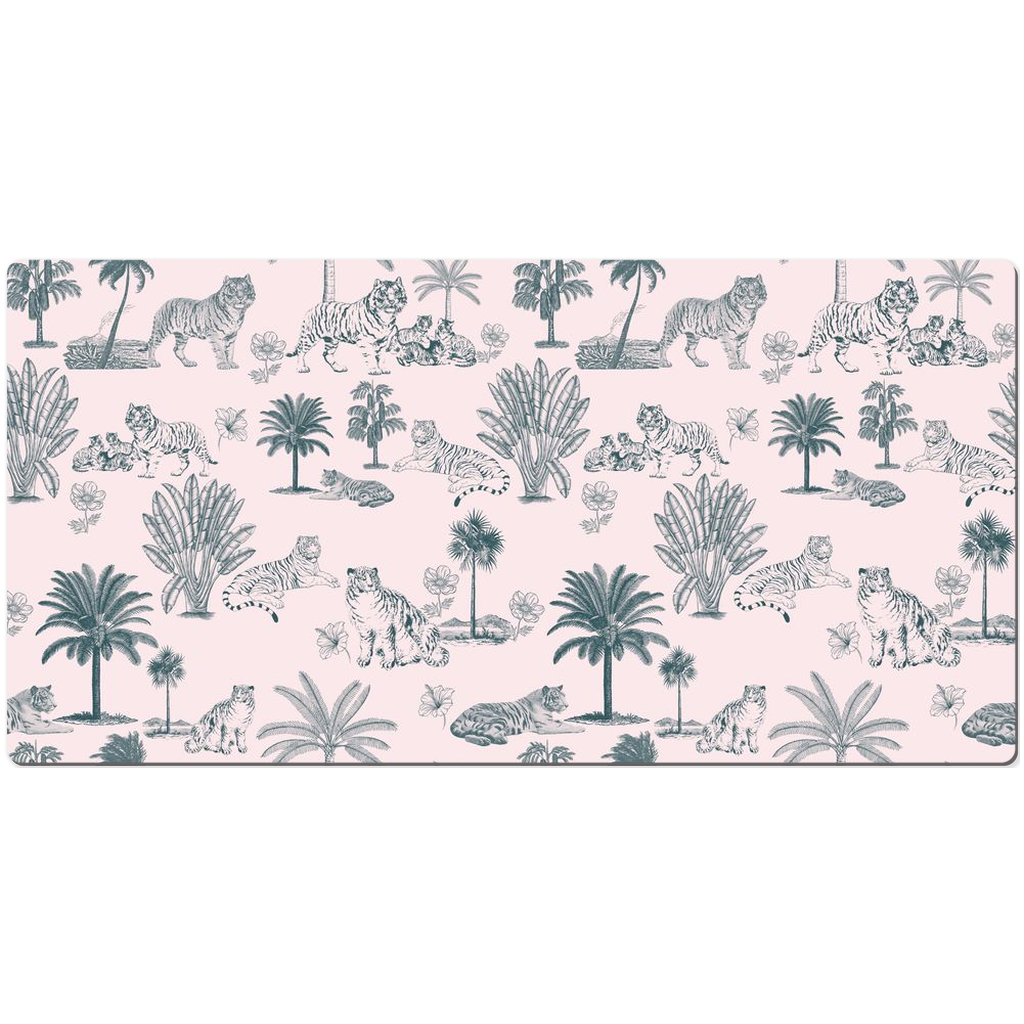 Chinoiserie Desk Mat Tiger Palm Pink Teal Toile de Jouy