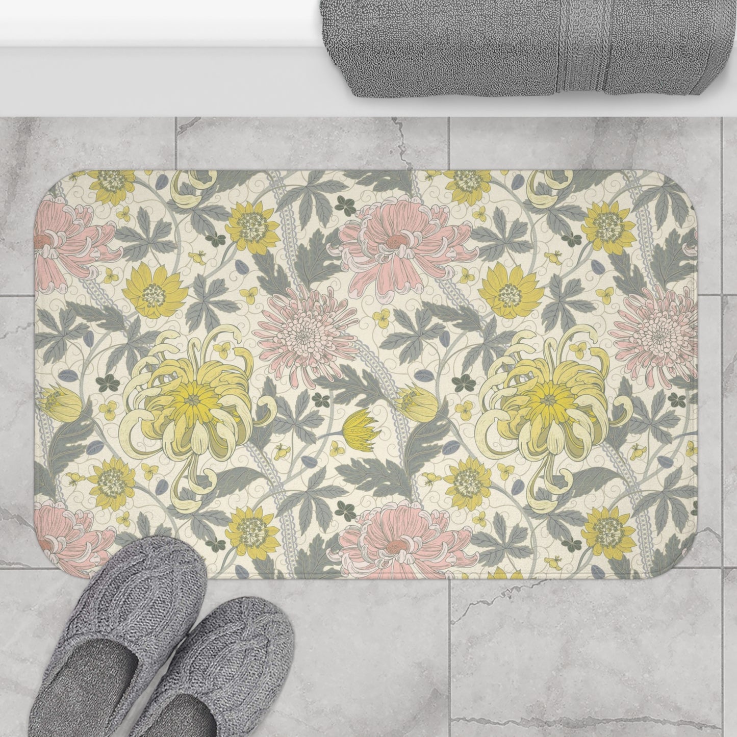 William Morris Bath Mat Lemon Pink Floral