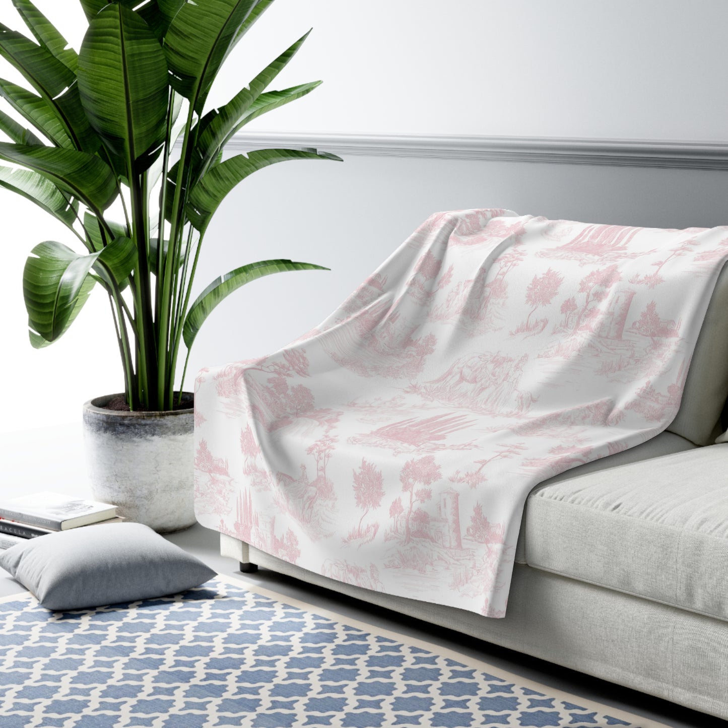 Light Pink Toile de Jouy Fleece Lined Blanket