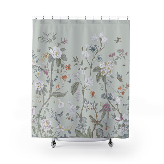 Chinoiserie Fresco Floral Light Sage Shower Curtain