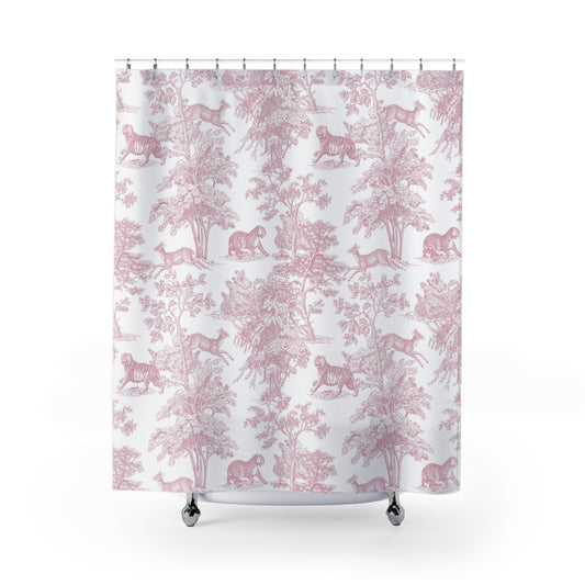 Exotic Tiger Toile de Jouy Light Pink Shower Curtain