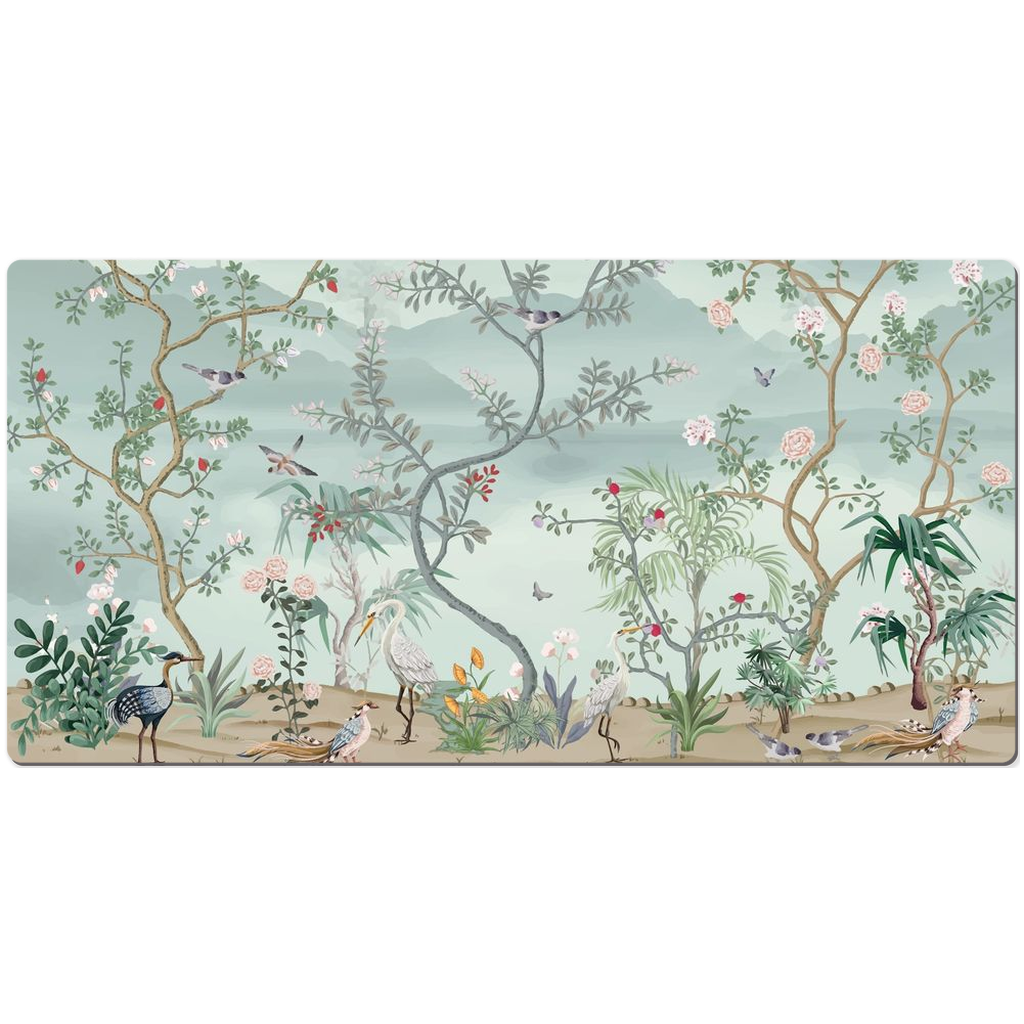 Chinoiserie Desk Mat Magical Bird Garden Aqua Blue