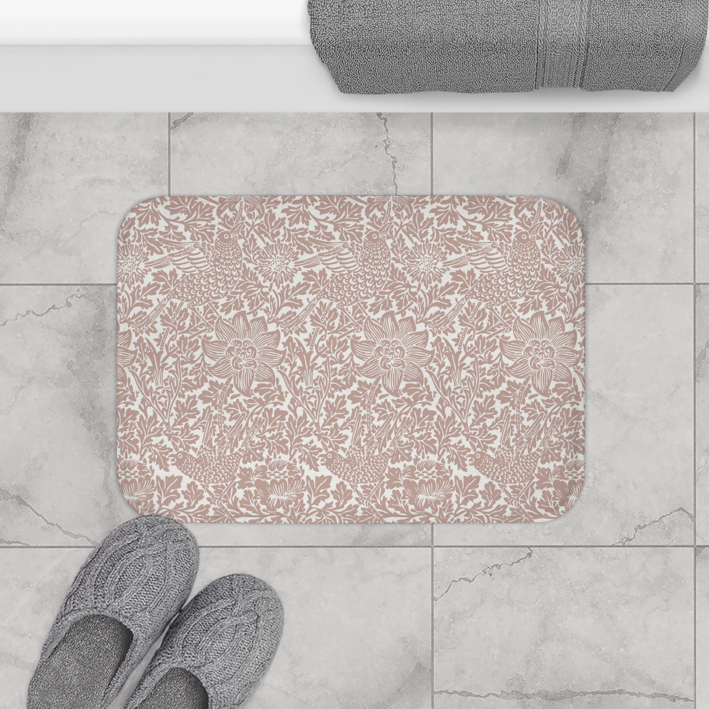 William Morris Bath Mat Bird and Anemone Peach Terracotta