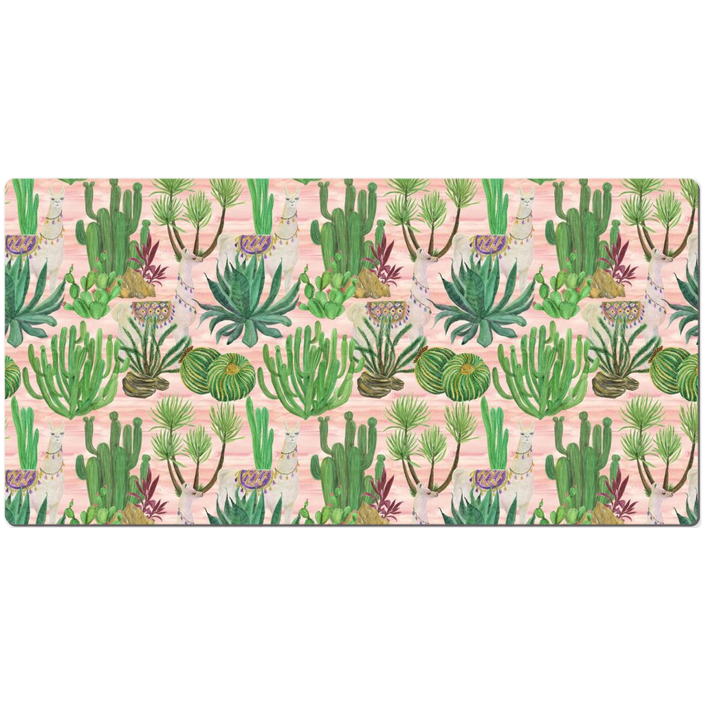 Llamas Cacti Desk Mat Pink Pattern