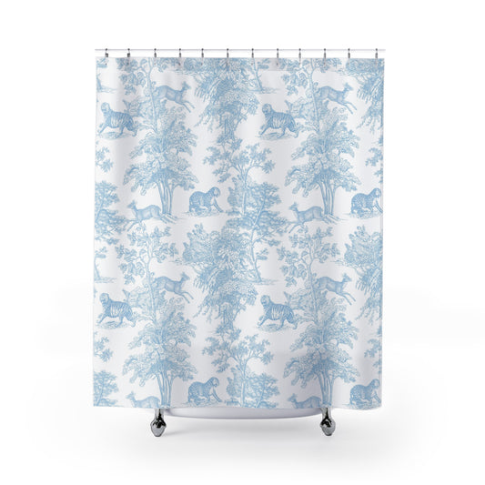 Exotic Tiger Toile de Jouy Light Blue Shower Curtain