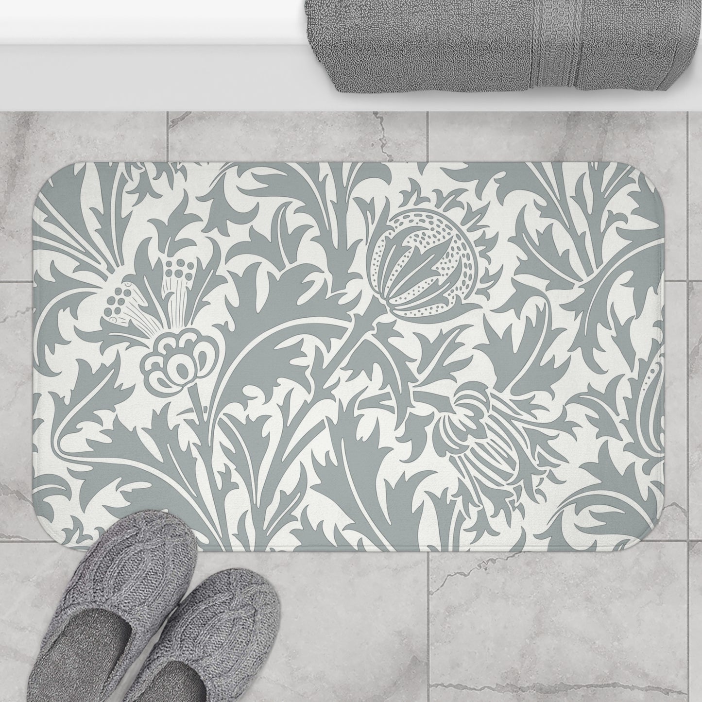 William Morris Bath Mat Thistle Gray White