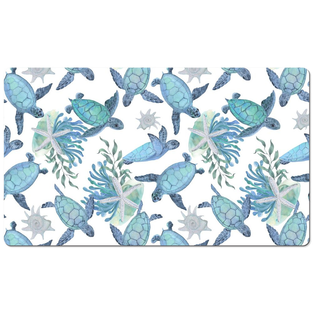 Sea Turtles Floral Desk Mat Watercolor Blue Art