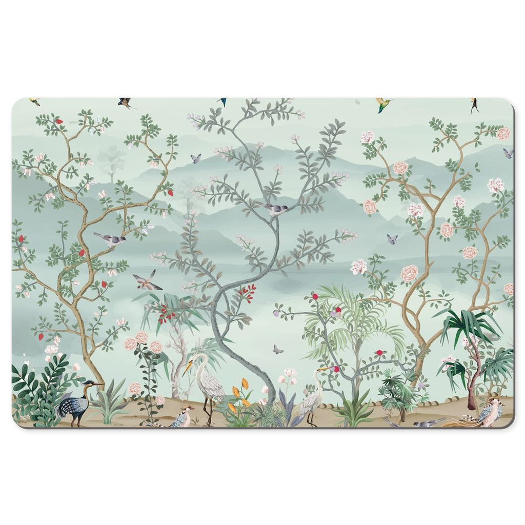 Chinoiserie Desk Mat Magical Bird Garden Aqua Blue