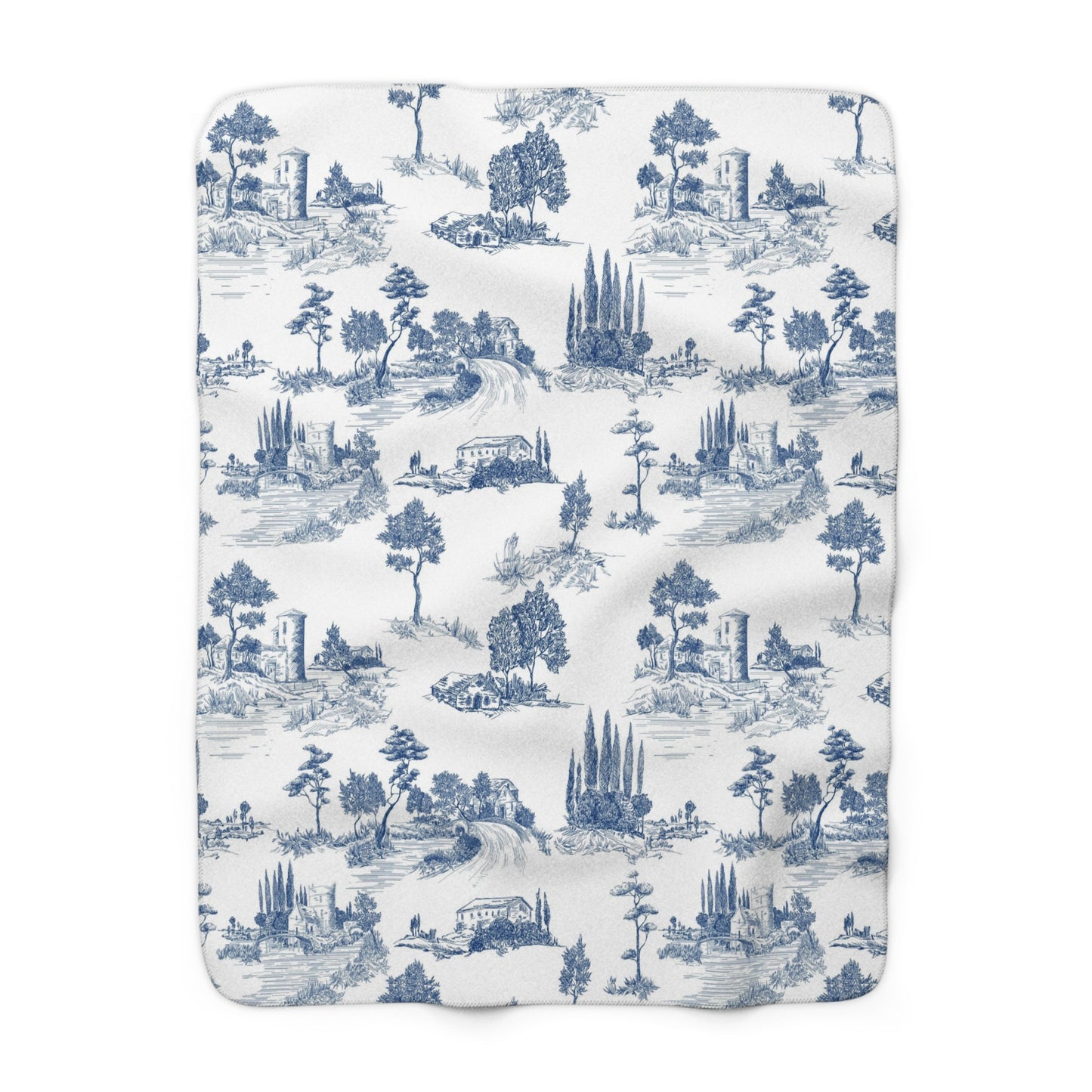 Navy Blue Toile de Jouy Fleece Lined Blanket