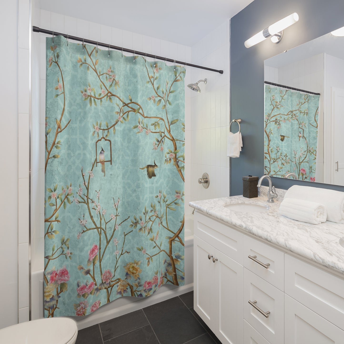 Chinoiserie Romantic Blue Blossom Shower Curtain