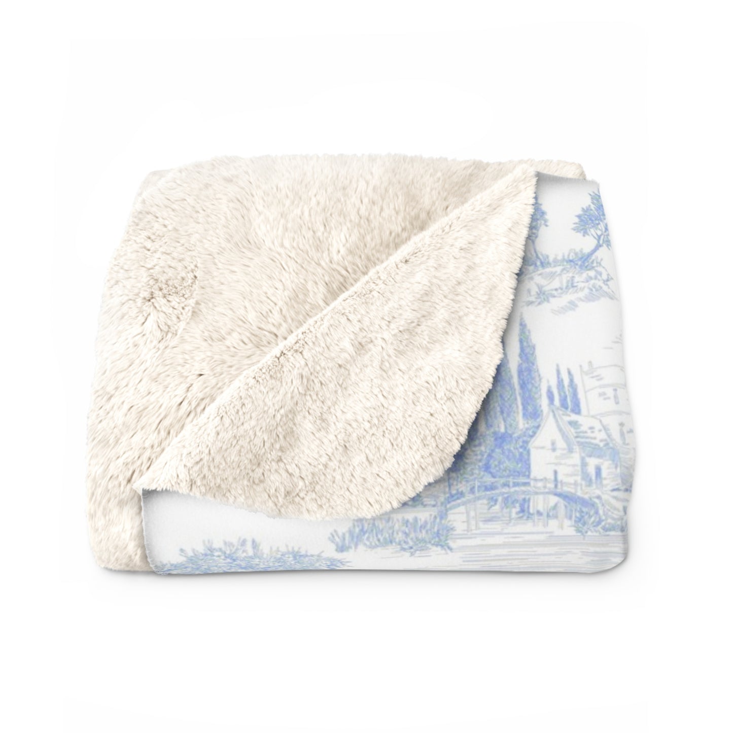 Light Blue Toile de Jouy Fleece Lined Blanket