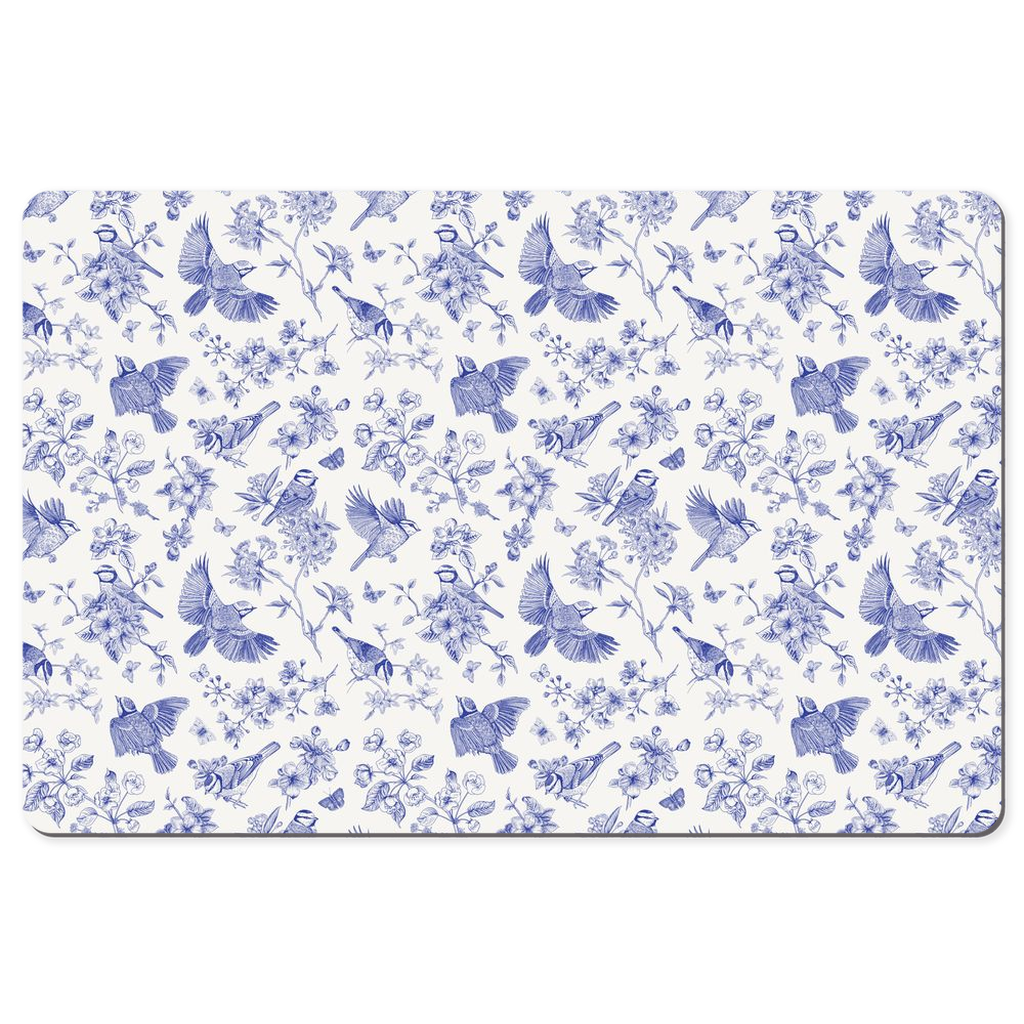 Blue Tit Garden Desk Mat Blue Toile de Jouy Floral