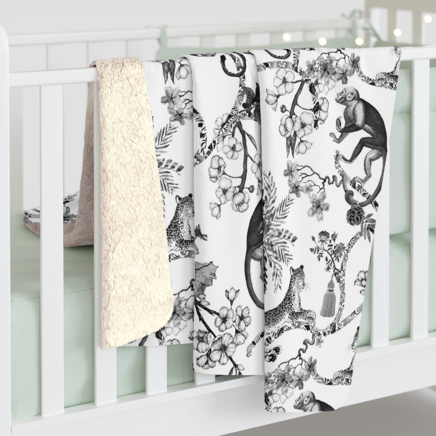Toile de Jouy Black Monkey Jungle Fleece Lined Blanket