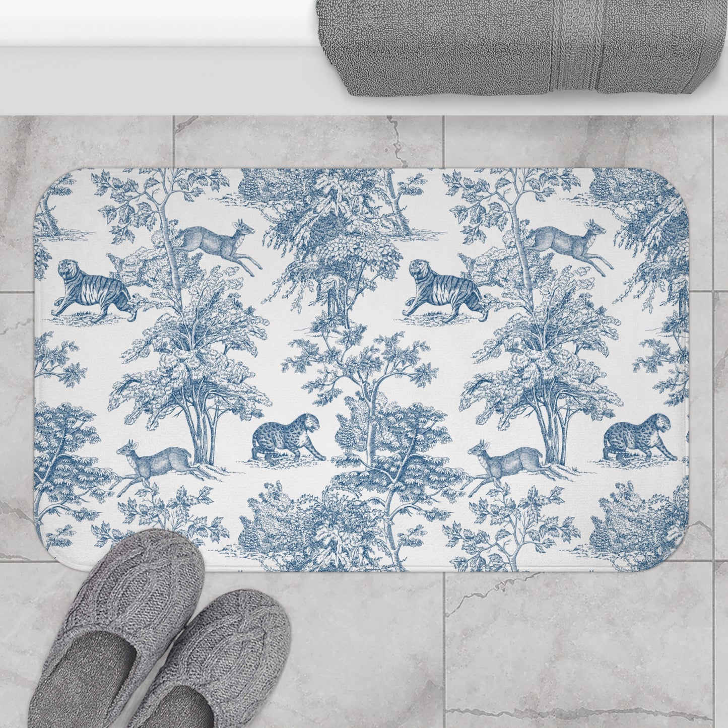 Chinoiserie Bath Mat Exotic Tiger Jungle Blue