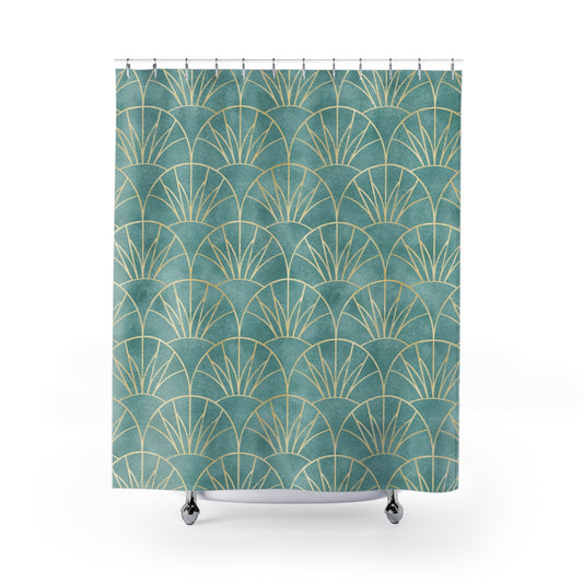 Art Deco Golden Mint Aqua Lotus Shower Curtain