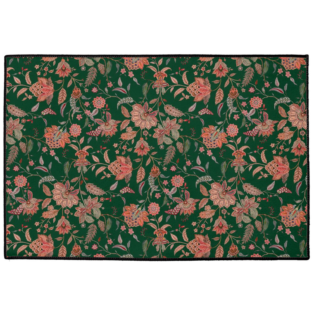 Kashmir Chintz Indoor/Outdoor Floor Mat Dark Green Pink Floral