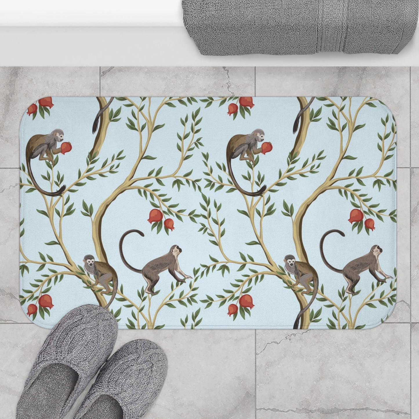 Chinoiserie Bath Mat Playful Pomegranate Monkeys