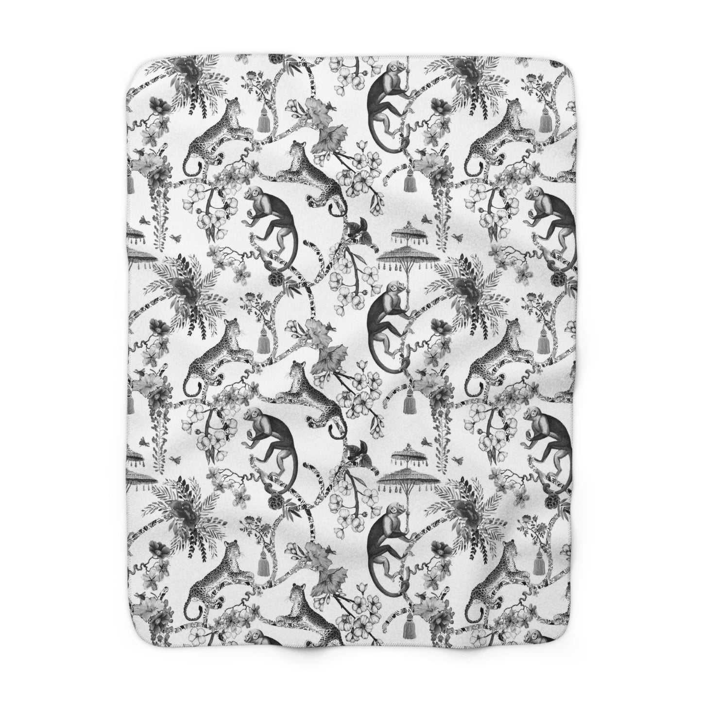 Toile de Jouy Black Monkey Jungle Fleece Lined Blanket