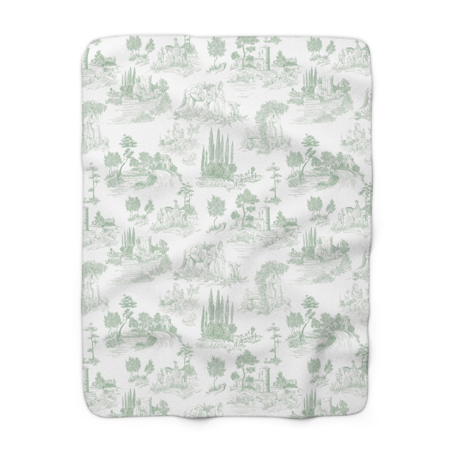 Toile de Jouy Sage Green Fleece Lined Blanket