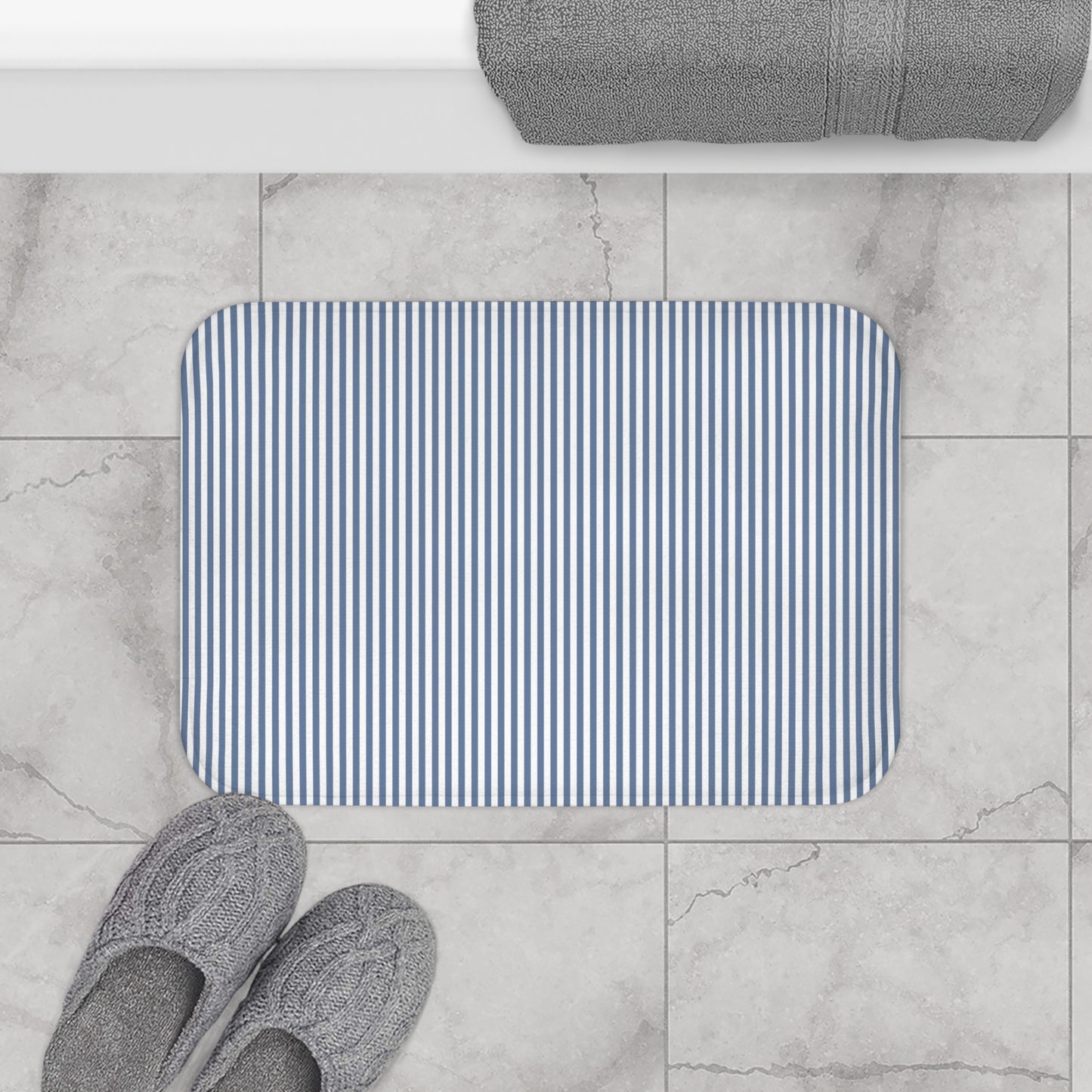 Seersucker Stripe Bath Mat Chambray Blue & White