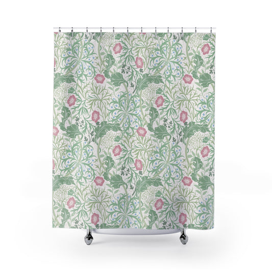 William Morris Shower Curtain Seaweed Green Rose Pink