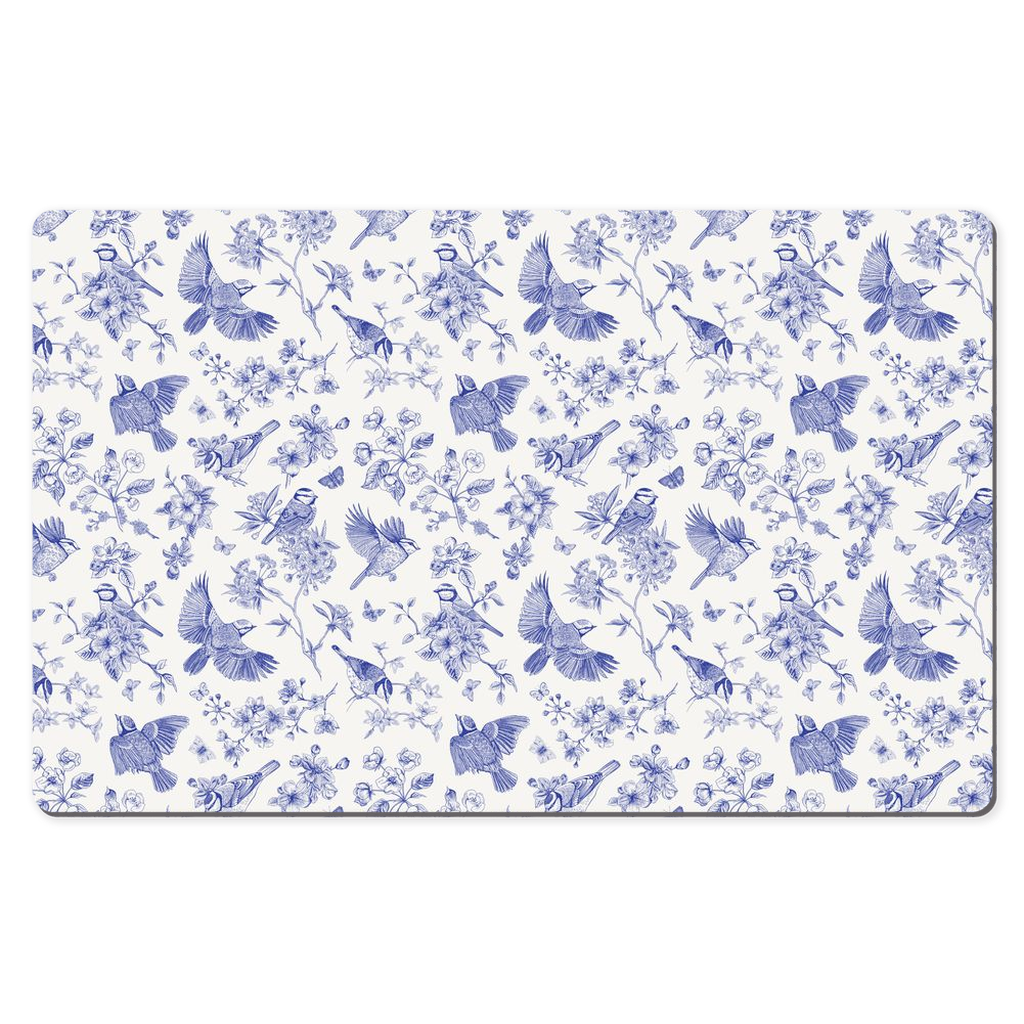 Blue Tit Garden Desk Mat Blue Toile de Jouy Floral