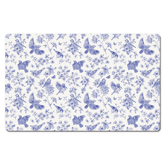 Blue Tit Garden Desk Mat Blue Toile de Jouy Floral