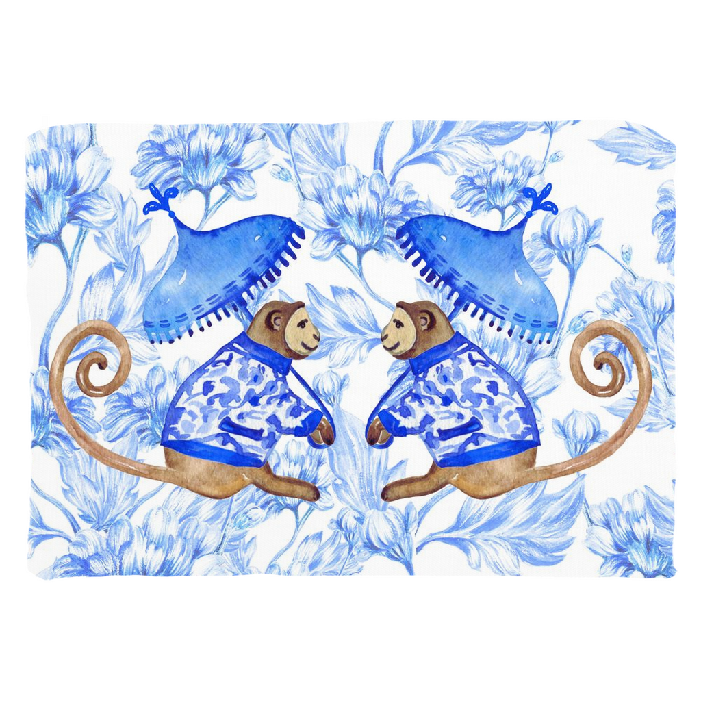 Chinoiserie Monkeys Cotton Pillows Blue Floral