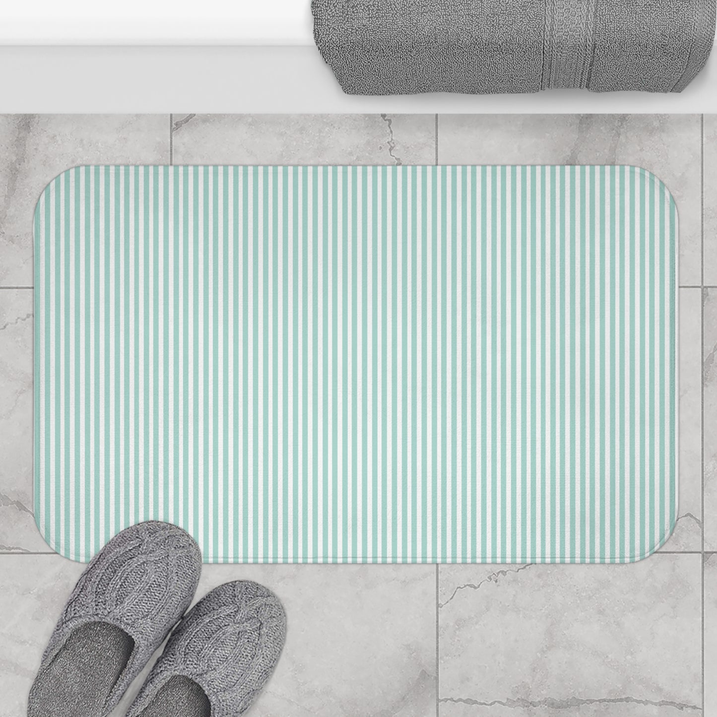 Seersucker Stripe Bath Mat Aqua Mint & White