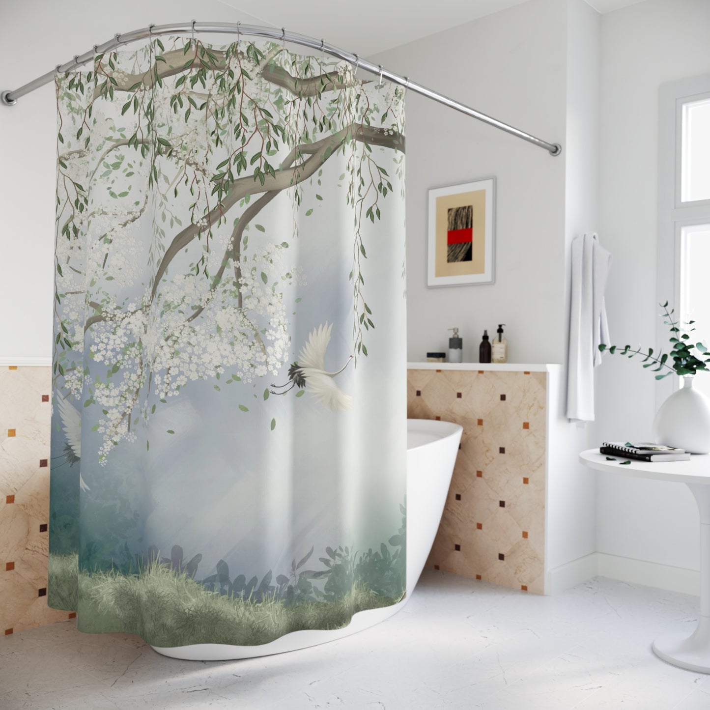 Chinoiserie Shower Curtain Misty Cherry Blossom